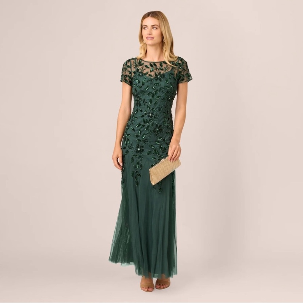 Adrianna Papell Emerald Sequin Leaf Embellished Gown SZ 10 NWT Formal Evening